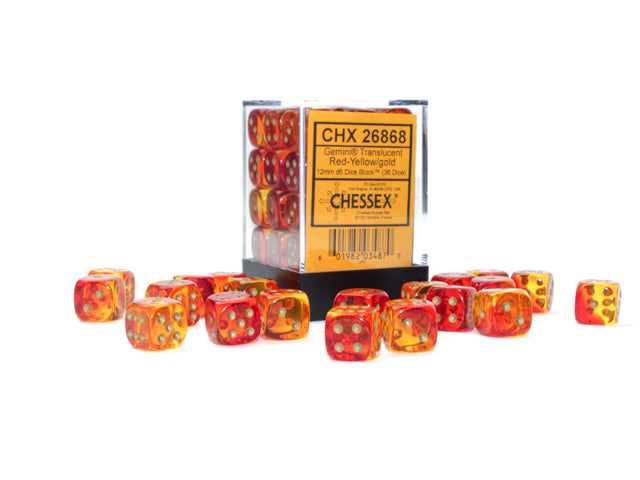36D6 Gemini Series Dice Set | Translucent Red & Yellow