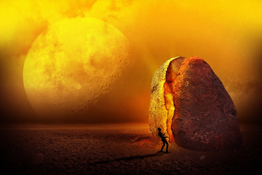 Yellow landscape with a large moon in background