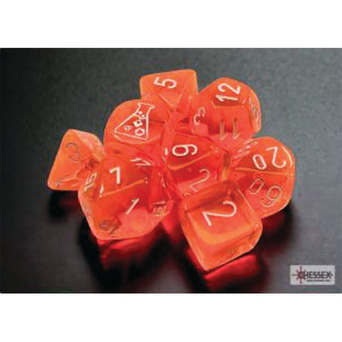 Lab Dice 7: Translucent Neon Orange with white font 7 Dice Set (8 dice) [CHX30060]