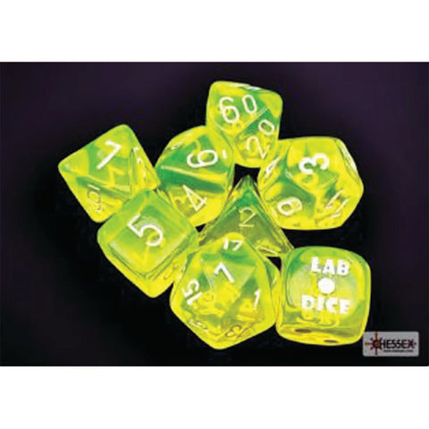 Lab Dice 7: Translucent Neon Yellow with white font 7 Dice Set (8 dice) [CHX30061]