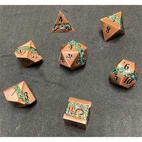 Antique Copper & Green Mica Sash with black font metal 7 Dice Set [YSSS23]