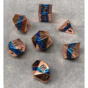 Shiny Copper & Bright Blue Mica Sash with black font metal 7 Dice Set [YSSS09]