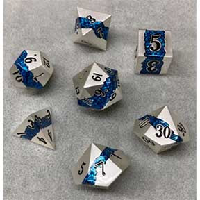 Shiny Silver & Bright Blue Mica Sash with black font metal 7 Dice Set [YSSS11]