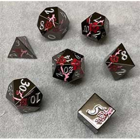 Black & Red+Pink Mica Flower with white font metal 7 Dice Set [YSMF11]