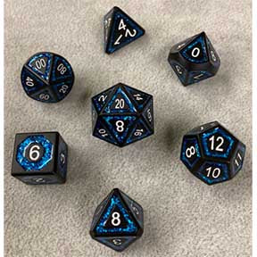 Black with Blue Mica Frame with white font metal 7 Dice Set [YSCFBM]
