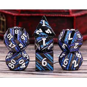 Black Metal / Blue Mica Stripes with white font metal 7 Dice Set with tin [HDFD-26]