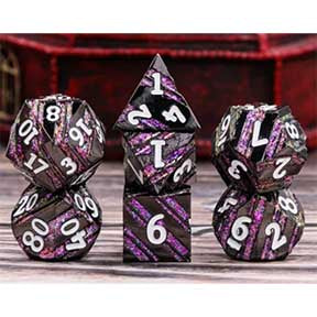 Black Metal / Purple Mica Stripes with white font metal 7 Dice Set with tin [HDFD-27]