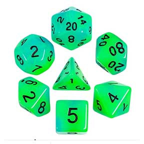 Glow in the Dark Blue+Green with black font Set of 7 Dice [HDGD-09]