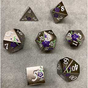 Silver & Purple+Green Mica Flower with white font metal 7 Dice Set [YSMF14]