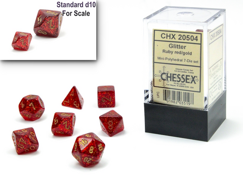 Glitter Ruby with gold font 10mm Mini 7 Dice Set [CHX20504]