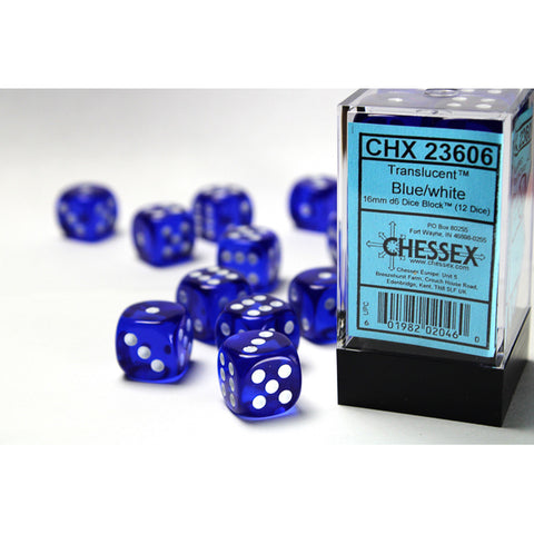 Translucent Blue with white font 12D6 16mm Dice [CHX23606]