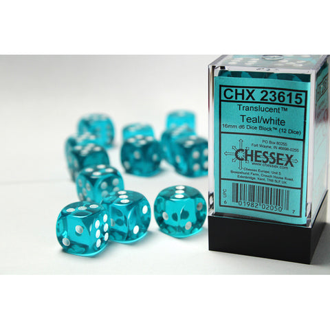 Translucent Teal with white font 12D6 16mm Dice [CHX23615]