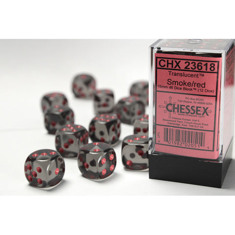 Translucent Smoke with red font 12D6 16mm Dice [CHX23618]