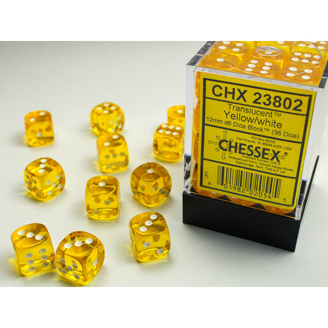 Translucent Yellow with white font 36D6 12mm Dice [CHX23802]