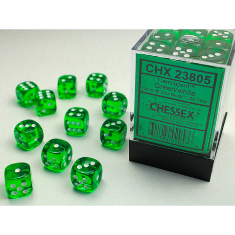 Translucent Green with white font 36D6 12mm Dice [CHX23805]