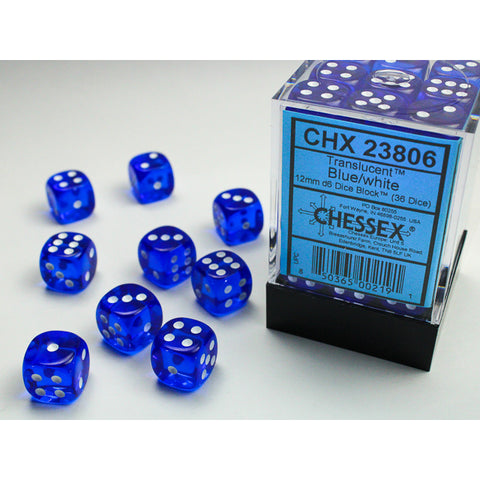 Translucent Blue with white font 36D6 12mm Dice [CHX23806]