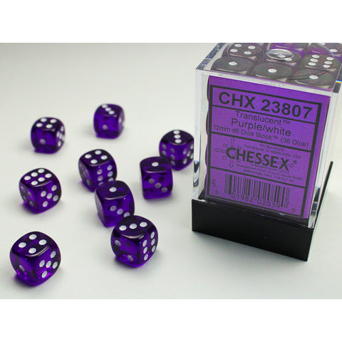 Translucent Purple with white font 36D6 12mm Dice [CHX23807]