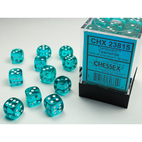 Translucent Teal with white font 36D6 12mm Dice [CHX23815]