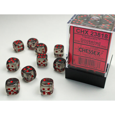 Translucent Smoke with red font 36D6 12mm Dice [CHX23818]