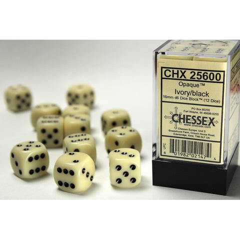 Opaque Ivory with black font 12D6 16mm Dice [CHX25600]