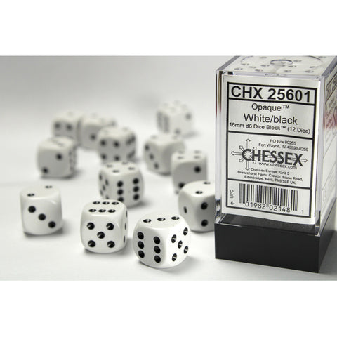 Opaque White with black font 12D6 16mm Dice [CHX25601]