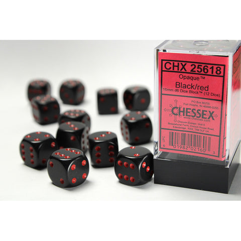 Opaque Black with red font 12D6 16mm Dice [CHX25618]