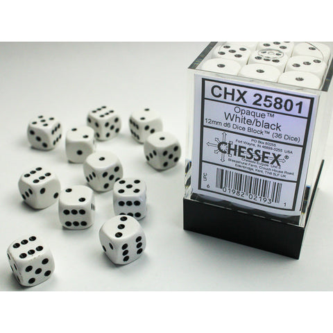 Opaque White with black font 36D6 12mm Dice [CHX25801]
