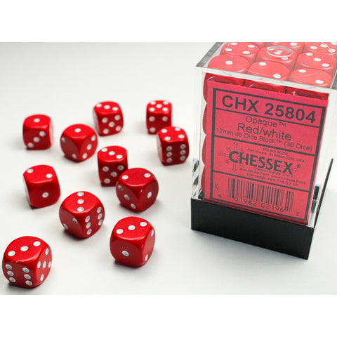 Opaque Red with white font 36D6 12mm Dice [CHX25804]