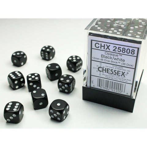 Opaque Black with white font 36D6 12mm Dice [CHX25808]