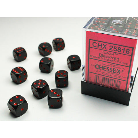 Opaque Black with red font 36D6 12mm Dice [CHX25818]