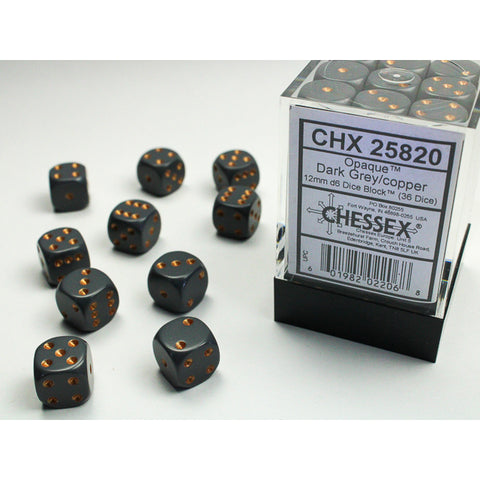 Opaque Dark Grey with copper font 36D6 12mm Dice [CHX25820]