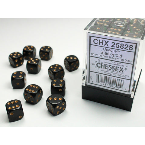 Opaque Black with gold font 36D6 12mm Dice [CHX25828]