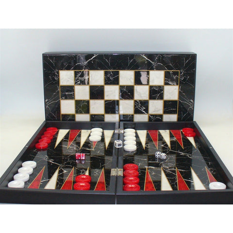 19" Black and White Marble Backgammon Set w Chess Board