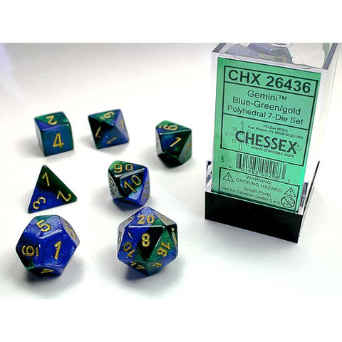 Gemini Blue + Green with gold font 7 Dice Set [CHX26436]