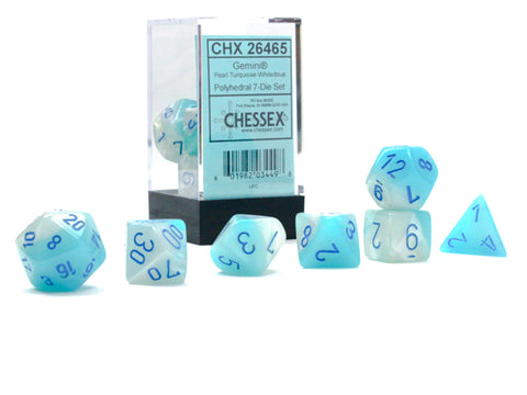 Gemini Polyhedral Pearl Turquoise-White with blue font Luminary 7 Dice Set [CHX26465]