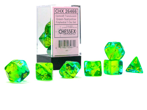 Gemini Polyhedral Translucent Green-Teal with yellow font 7 Dice Set [CHX26466]