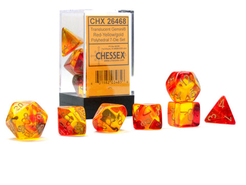 Gemini Polyhedral Translucent Red-Yellow with gold font 7 Dice Set [CHX26468]
