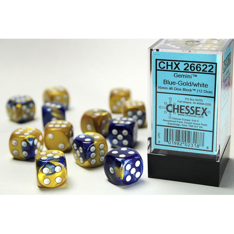 Gemini Blue + Gold with white font 12D6 16mm Dice [CHX26622]