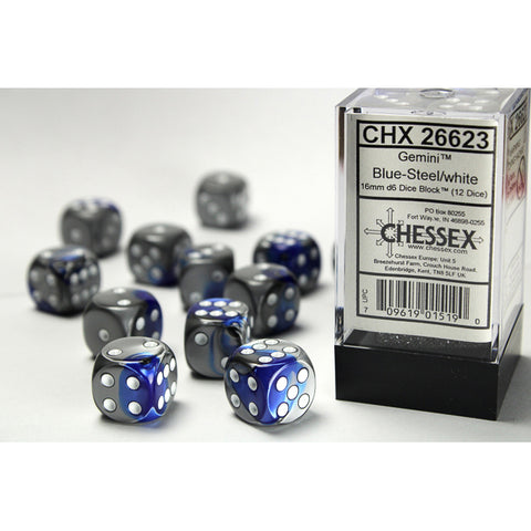 Gemini Blue + Steel with white font 12D6 16mm Dice [CHX26623]