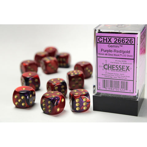 Gemini Purple + Red with gold font 12D6 16mm Dice [CHX26626]
