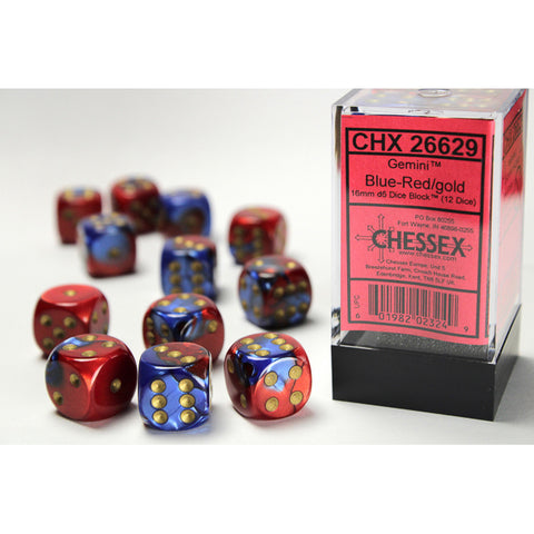 Gemini Blue + Red with gold font 12D6 16mm Dice [CHX26629]