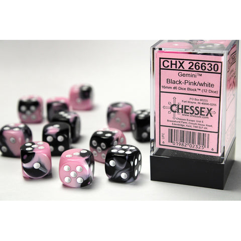 Gemini Black + Pink with white font 12D6 16mm Dice [CHX26630]