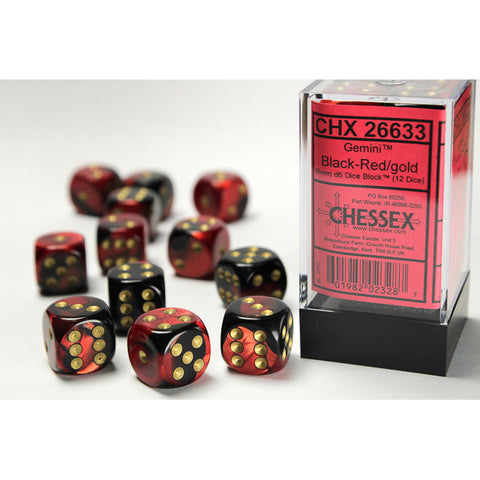 Gemini Black + Red with gold font 12D6 16mm Dice [CHX26633]