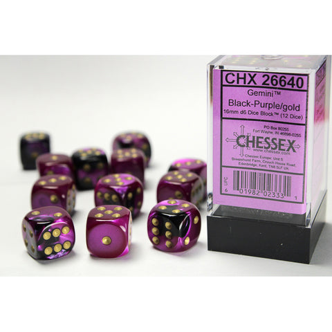 Gemini Black + Purple with gold font 12D6 16mm Dice [CHX26640]