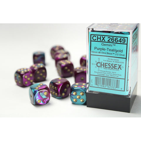 Gemini Purple + Teal with gold font 12D6 16mm Dice [CHX26649]