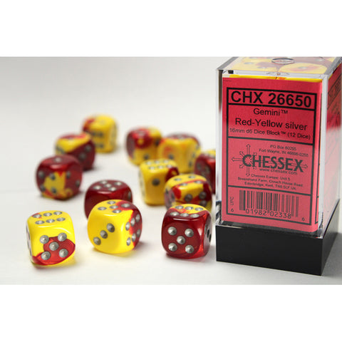 Gemini Red + Yellow with silver font 12D6 16mm Dice [CHX26650]