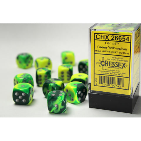 Gemini Green + Yellow with silver font 12D6 16mm Dice [CHX26654]