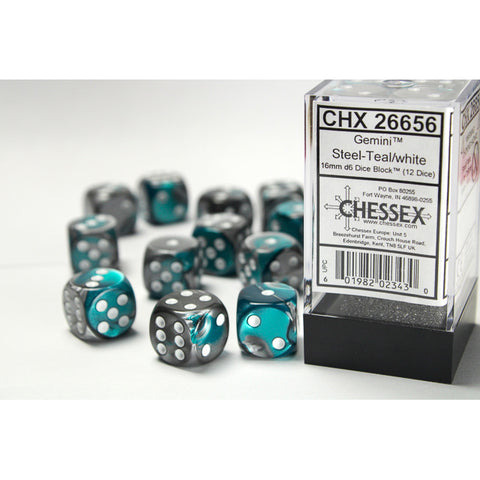 Gemini Steel + Teal with white font 12D6 16mm Dice [CHX26656]