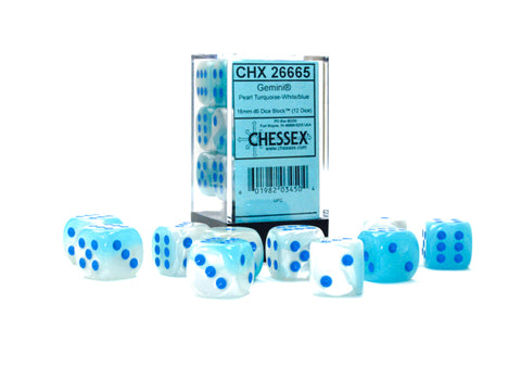 Gemini Pearl Turquoise-White with blue font Luminary 12D6 16mm Dice [CHX26665]