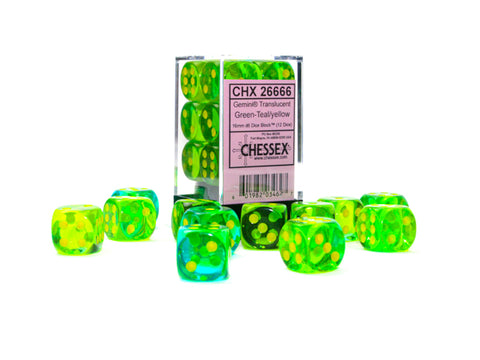 Gemini Translucent Green-Teal with yellow font 12D6 16mm Dice [CHX26666]